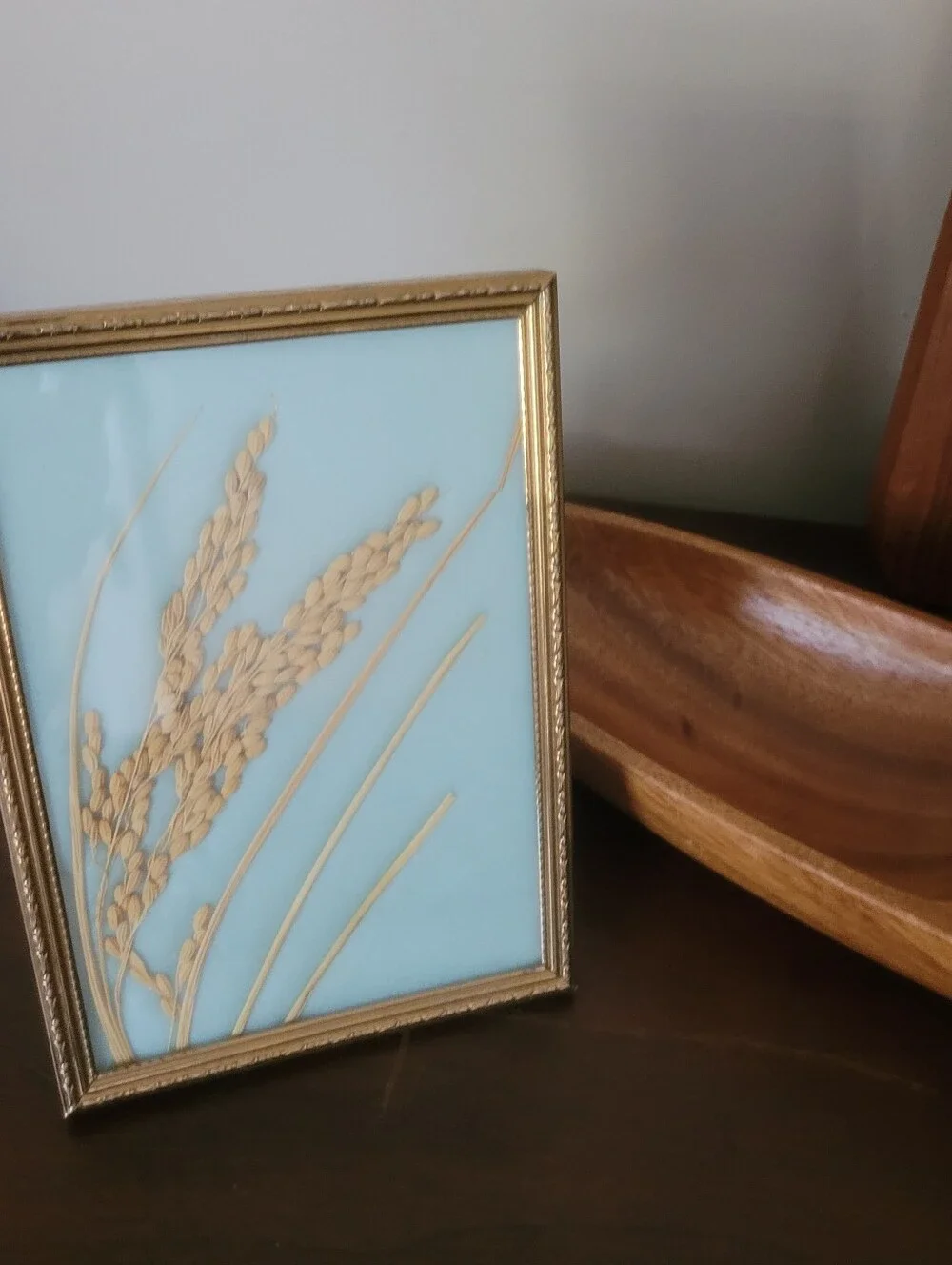 Vintage 3D Framed Pressed Rice Stalk Botanical Art - Gold Ornate Frame - MCM
